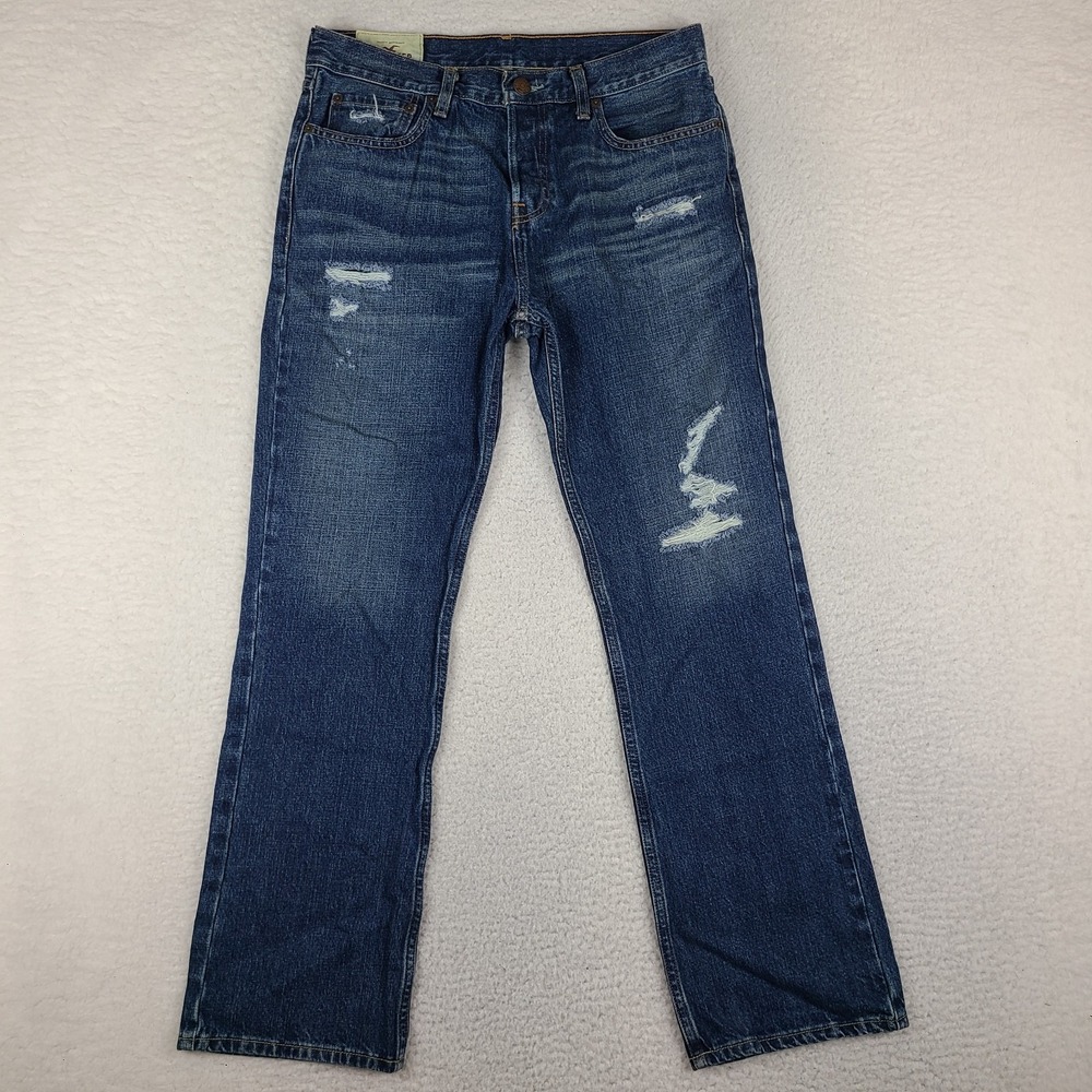 Hollister Jeans Mens 32x30 Blue Boot Cut Distress Button Fly Dark Wash Denim